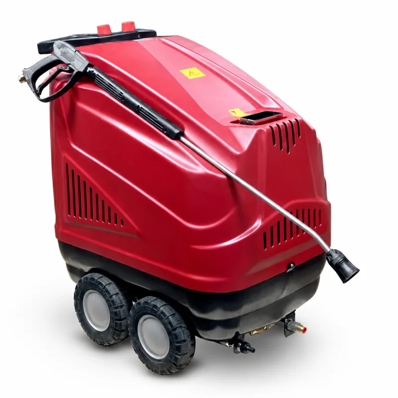 AVENJET PRO 200/15: Hidrolimpiadora roja de carcasa inclinada, con ruedas y lanza apoyada en el lateral.