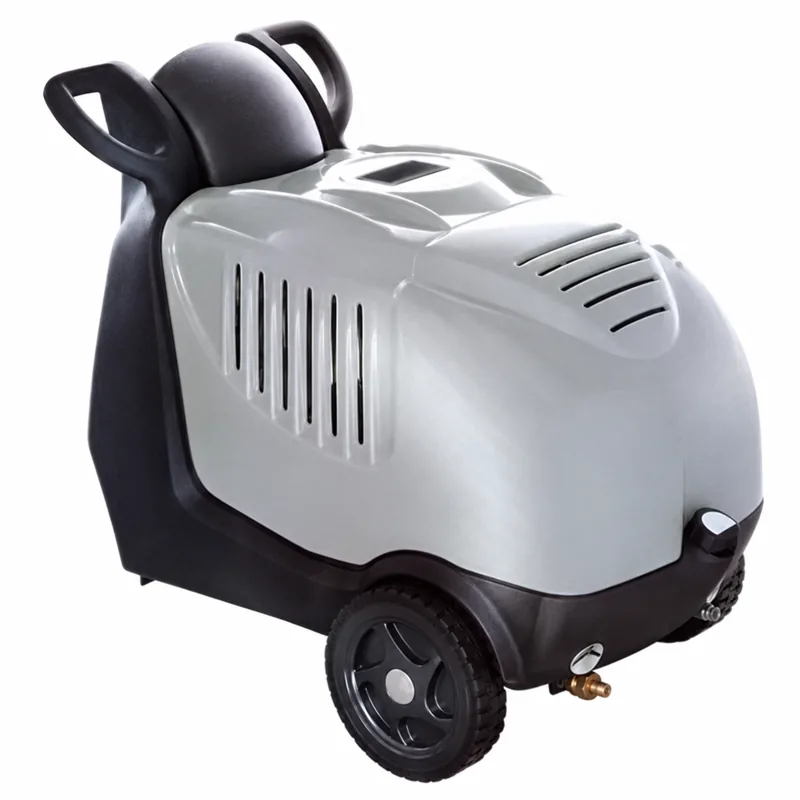 COMPACT 150 TST: Hidrolimpiadora compacta de carcasa gris, asas negras y dos ruedas laterales.