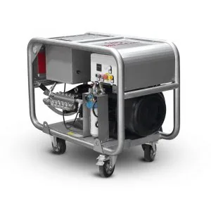 JET 500 E-30 INOX: Hidrolimpiadora metálica con bastidor tubular, panel de mandos, motor y cuatro ruedas giratorias.