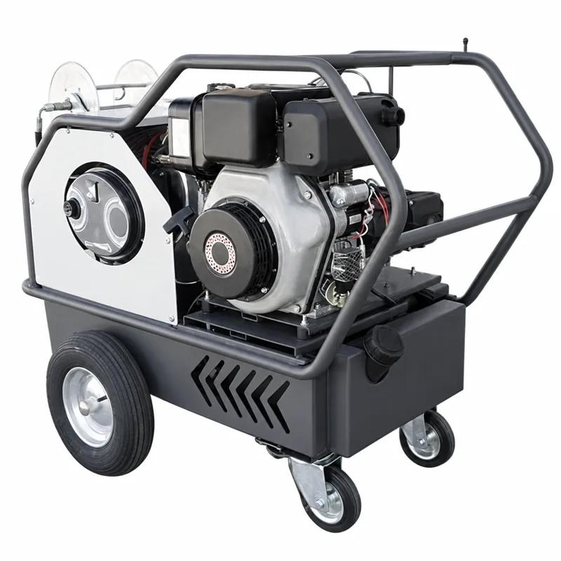 ZEUS 160/18: Hidrolimpiadora autónoma con motor sobre bastidor negro, panel metálico, enrollador y ruedas.