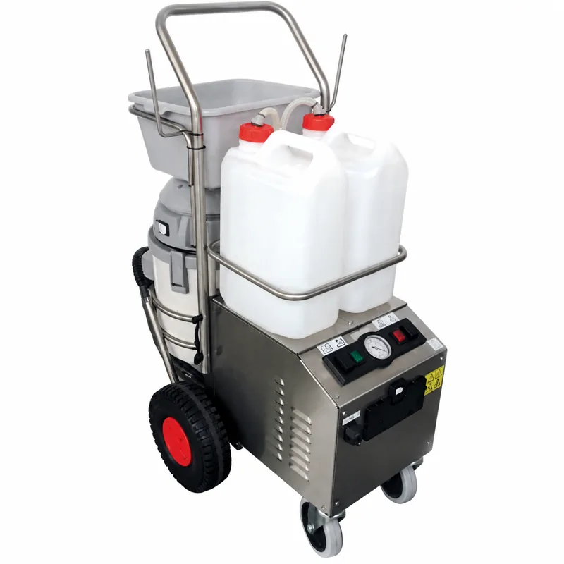 JUPITER CAR WASH PRO: Equipo de vapor metálico sobre ruedas con asa, depósitos blancos superiores y panel inclinado de mandos.