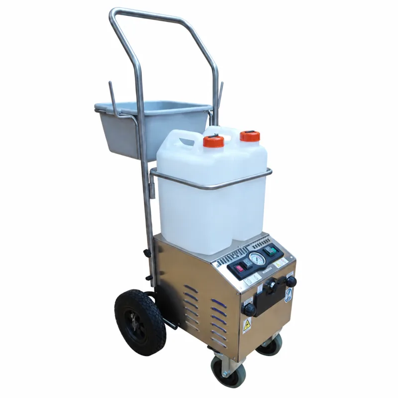 JUPITER PLUS PRO: Equipo de vapor con carro metálico, bandeja posterior, depósito blanco de tapón rojo y panel de mandos inclinado.