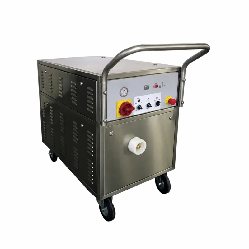 MERCURY 50: Equipo de vapor metálico rectangular con ruedas, asa superior, panel de mandos inclinado y rejilla lateral.