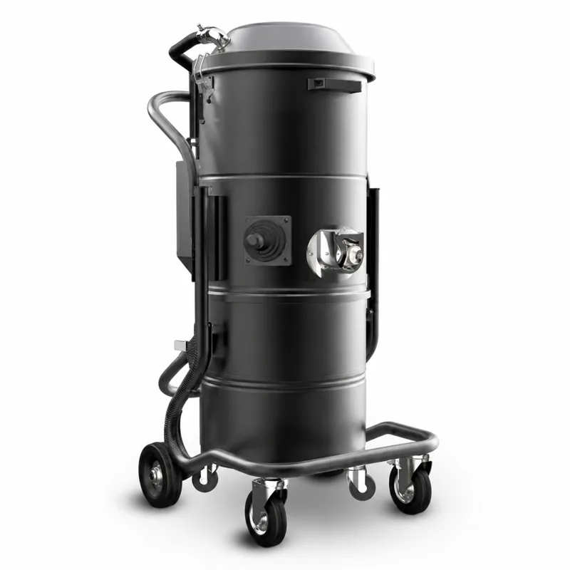 MINI AIR 2V: Aspirador cilíndrico negro con tubos, válvulas laterales y base sobre ruedas.