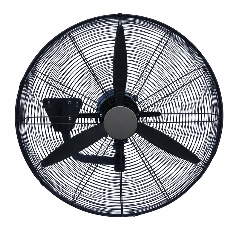 Ventilador negro de pared con rejilla circular, aspas y soporte mural trasero.