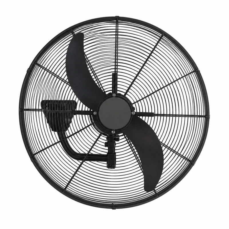 Ventilador negro de pared con rejilla circular, aspas y soporte mural trasero.