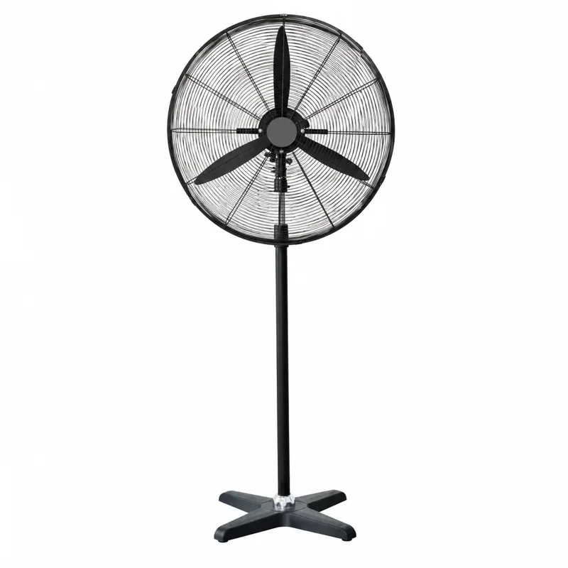 Ventilador negro de pie con rejilla circular, pedestal alto y base de cuatro apoyos.