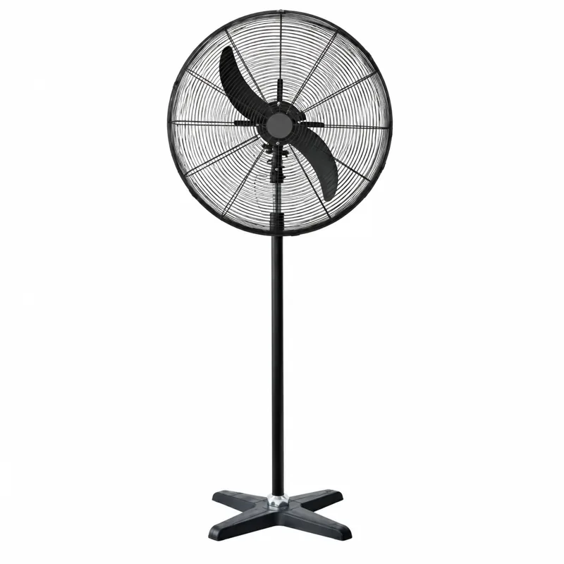 Ventilador negro de pie con rejilla circular, pedestal alto y base de cuatro apoyos.