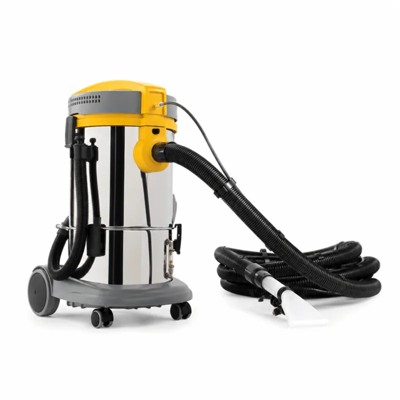 POWER EXTRA 11 I AUTO: Máquina de limpieza textil con depósito metálico, cabezal amarillo, ruedas y manguera negra enrollada con boquilla manual.