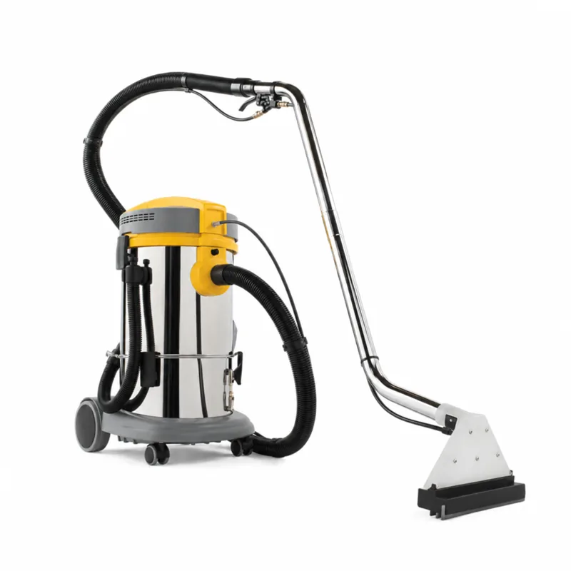 POWER EXTRA 11 I: Máquina de limpieza textil con depósito metálico, cabezal amarillo, ruedas, manguera negra y boquilla para suelos.