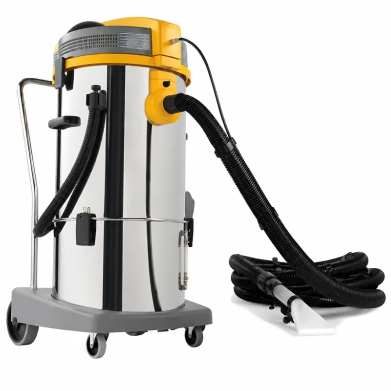 POWER EXTRA 31 I CEME: Máquina de limpieza textil alta con depósito metálico, cabezal amarillo, ruedas y manguera negra enrollada con boquilla manual.