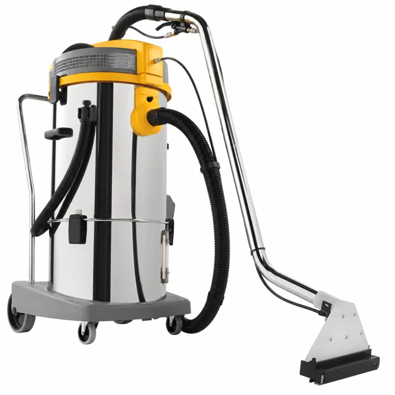 POWER EXTRA 31 I ULKA: Máquina de limpieza textil alta con depósito metálico, cabezal amarillo, carro con ruedas, manguera negra y boquilla para suelos.