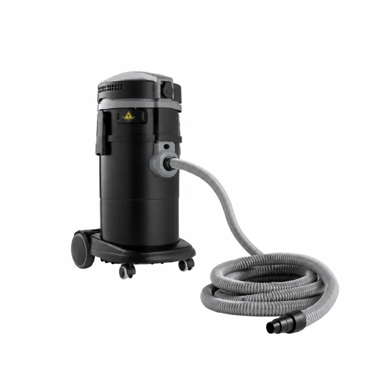 POWER TOOL PRO FD 36 P COMBI: Aspirador cilíndrico negro sobre ruedas, con cabezal gris y manguera enrollada a su lado.