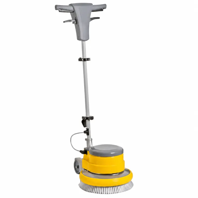 SB 133: Abrillantadora amarilla con base circular, cepillo blanco, columna metálica y manillar gris.