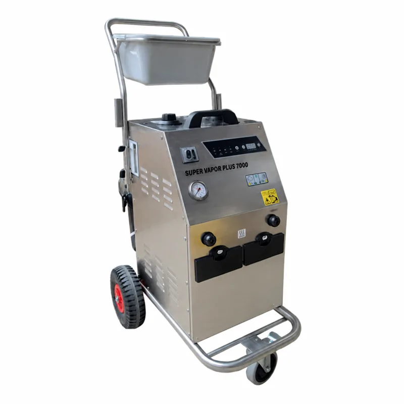 SUPER VEGA PLUS TWIN: Equipo de vapor metálico con bandeja superior, panel de mandos inclinado, dos ruedas grandes y asa inferior.