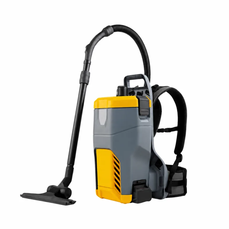 T1 BC 18V: Aspirador de mochila amarillo y gris, con tirantes negros, manguera y boquilla para suelos.