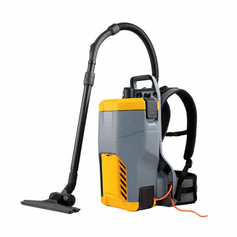 T1: Aspirador de mochila amarillo y gris, con tirantes negros, cable, manguera y boquilla para suelos.