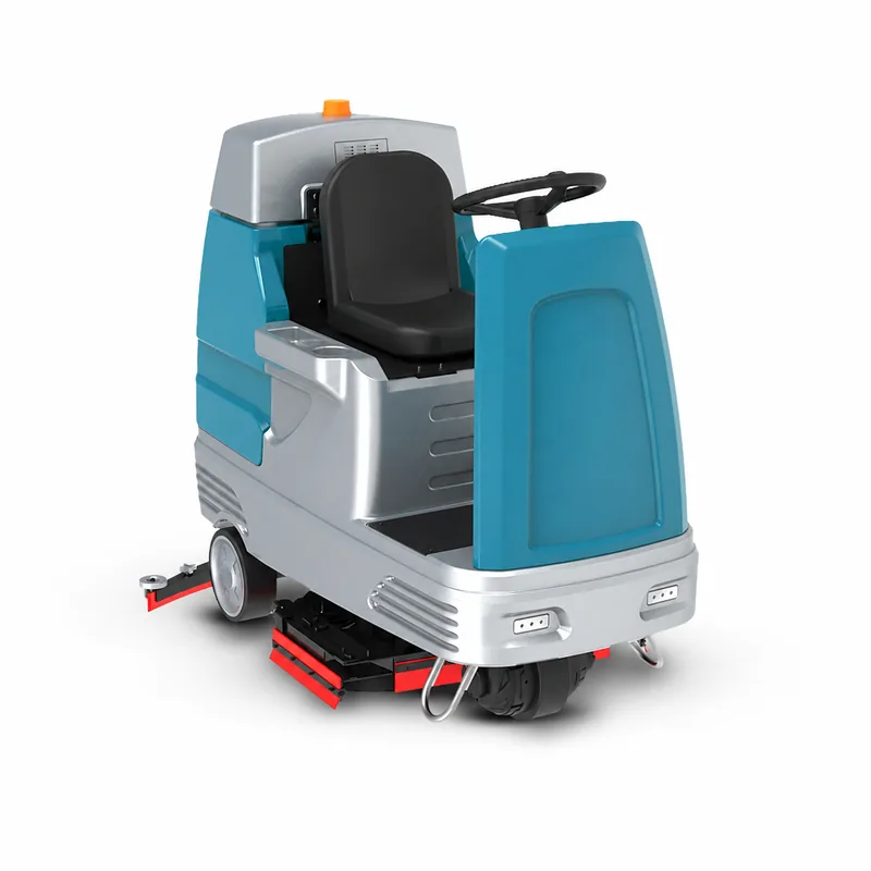 TIDY X10: Fregadora turquesa y gris con asiento negro, volante, baliza naranja, ruedas y patín de secado trasero.