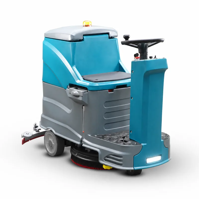 TIDY X8 SB: Fregadora turquesa y gris con asiento, volante negro, baliza superior, faro frontal y cepillo bajo el chasis.