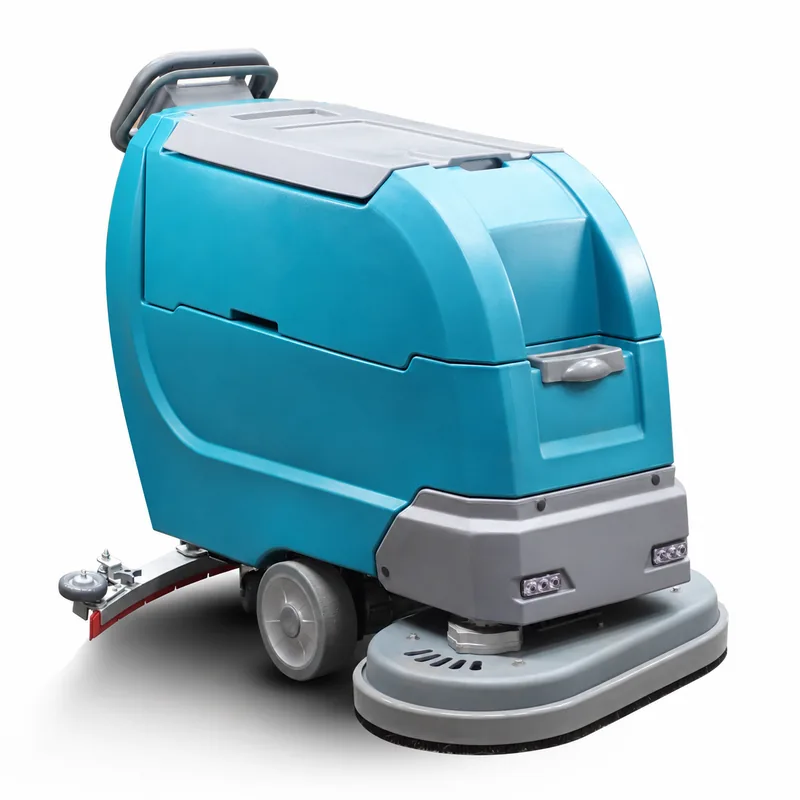 TIDY X850: Fregadora turquesa y gris con manillar trasero, dos luces frontales, ruedas y cabezal de fregado ancho.