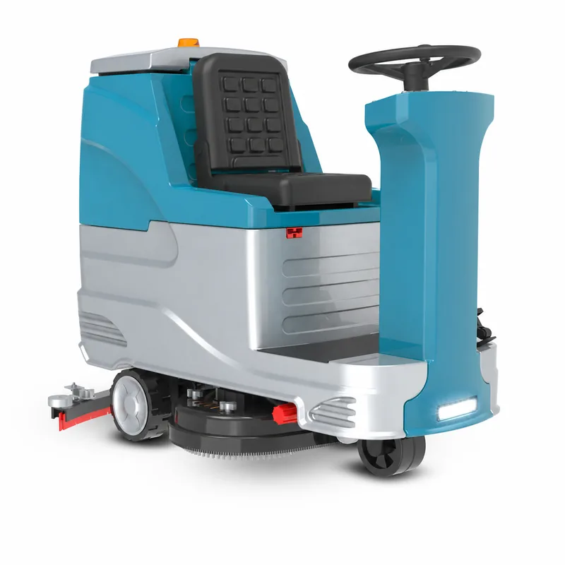 TIDY X9: Fregadora turquesa y gris con asiento negro acolchado, volante, luz frontal, ruedas y patín trasero.