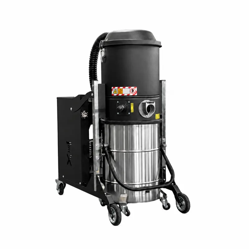 TX 300 3D Z22: Aspirador industrial de cuerpo negro y metálico, con unidad lateral y ruedas.