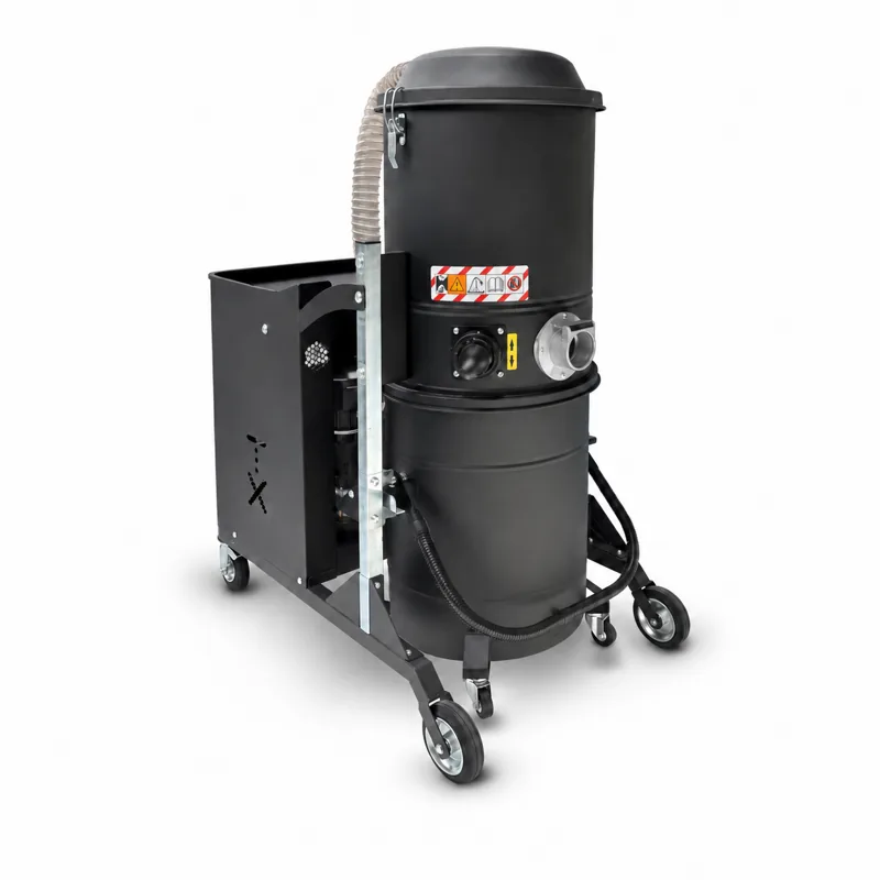 TX 550P: Aspirador industrial vertical negro, con unidad lateral, asas y base sobre ruedas.