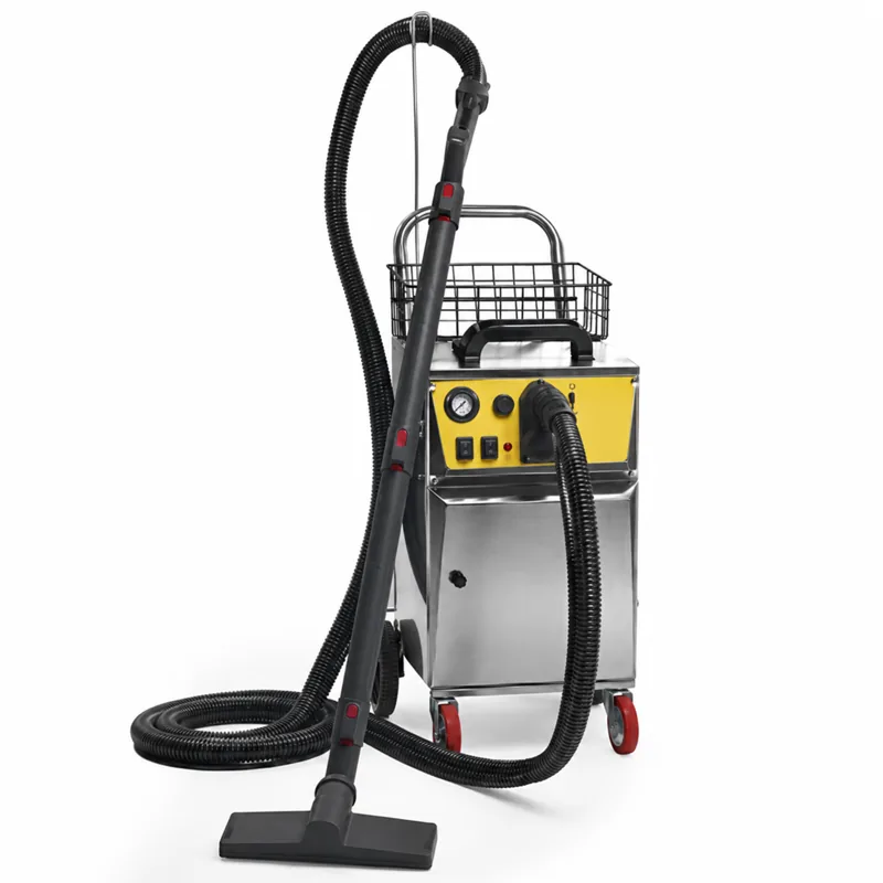 VAPOR 3000 A PLUS: Equipo de vapor metálico con asa, cesta superior, panel amarillo, manguera negra y boquilla de suelo.