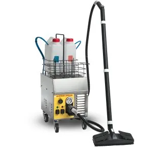 VAPOR 3000: Equipo de vapor metálico con panel amarillo, dos depósitos superiores, cesta y manguera con boquilla para suelos.