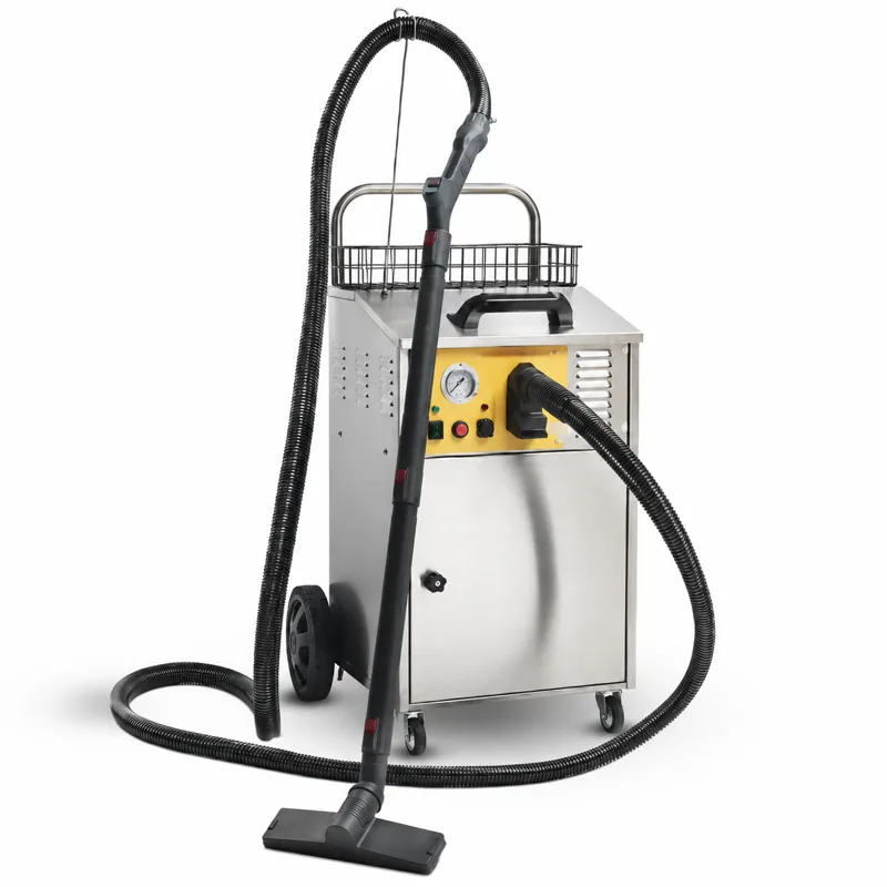 VAPOR 9000 A: Equipo de vapor metálico con ruedas, asa superior, panel amarillo, manguera y boquilla para suelos.